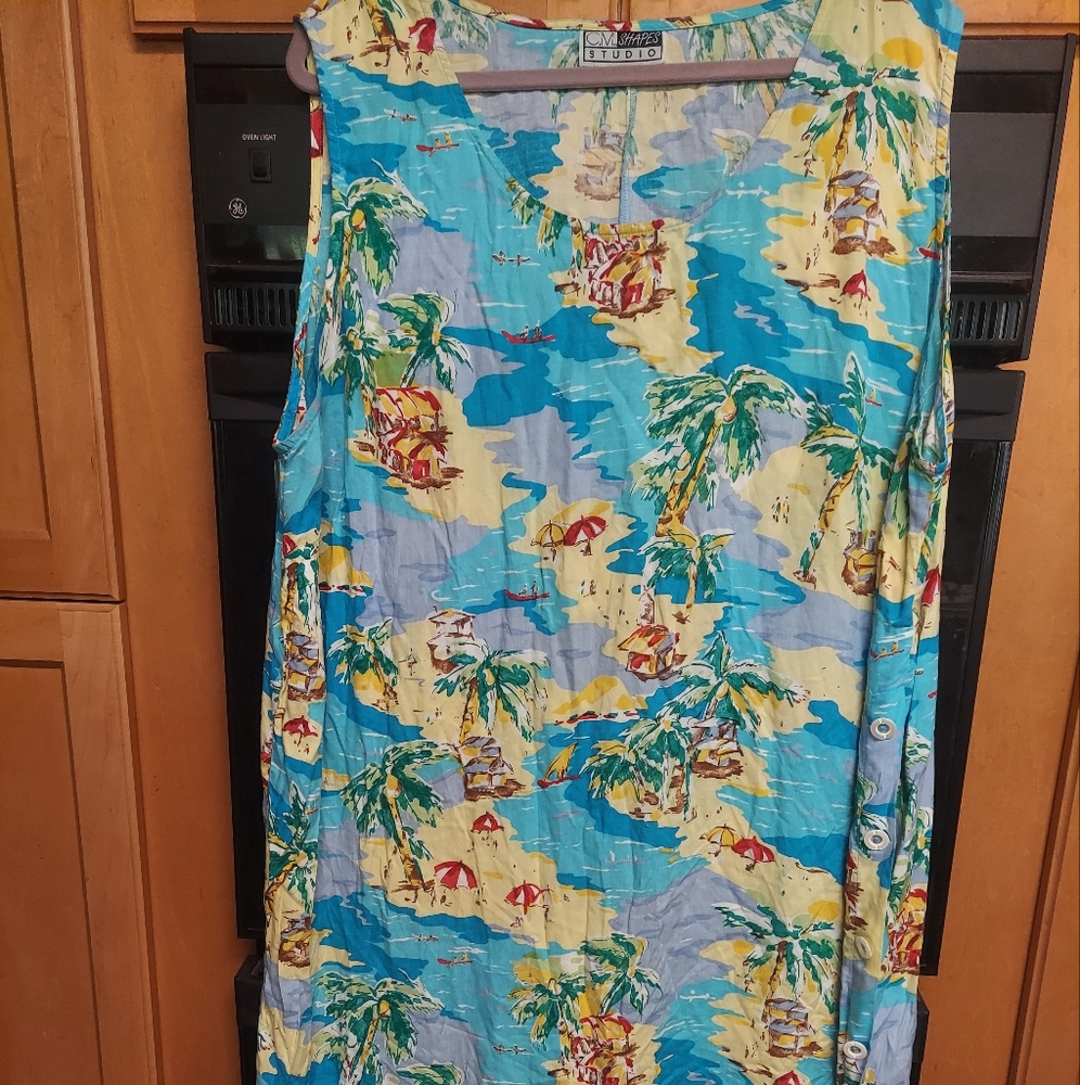 Tropical Aloha Island Sleeveless Yellow Blues Dress Generous 1x